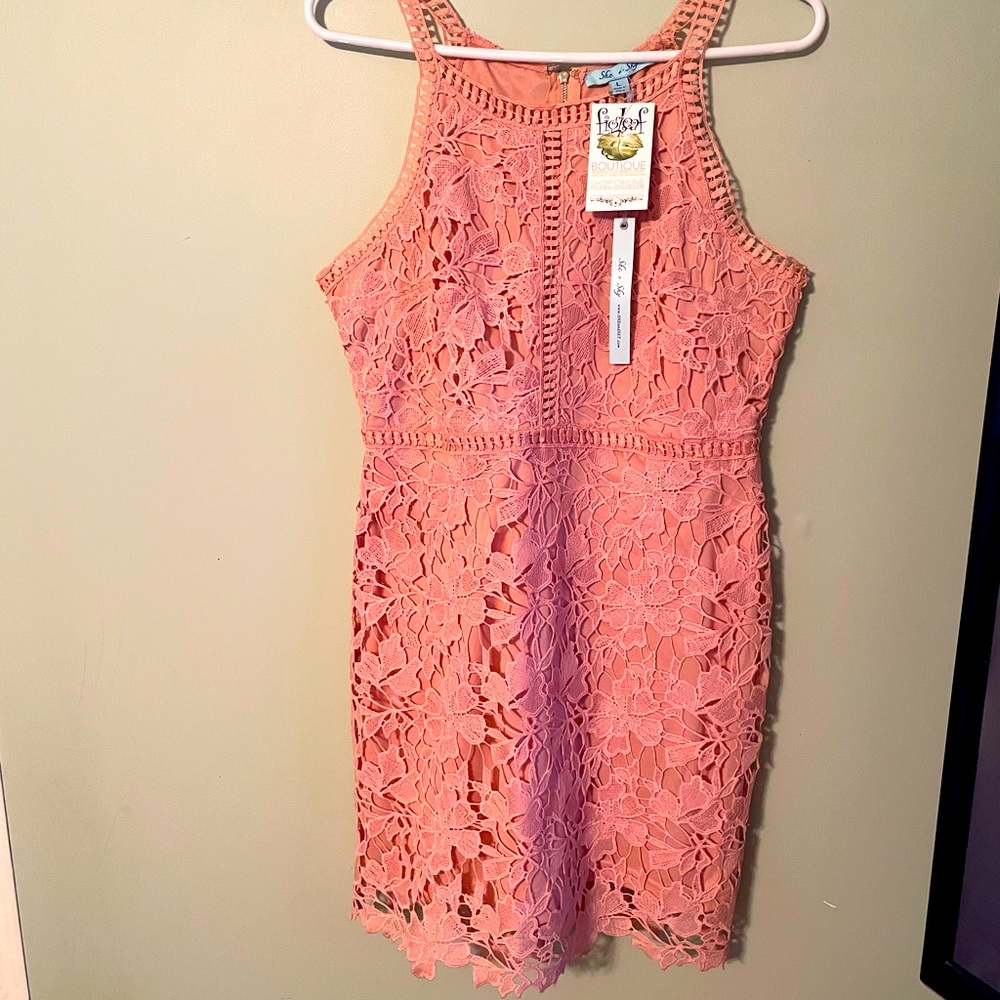 She and Sky NWT Pink Lace design dress Sz Large mini sleeveless